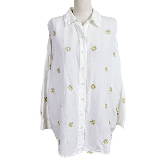 Anthropologie Top XS White Gold Linen Blend Embroidered Sun/Star Oversized Shirt - Picture 1 of 9